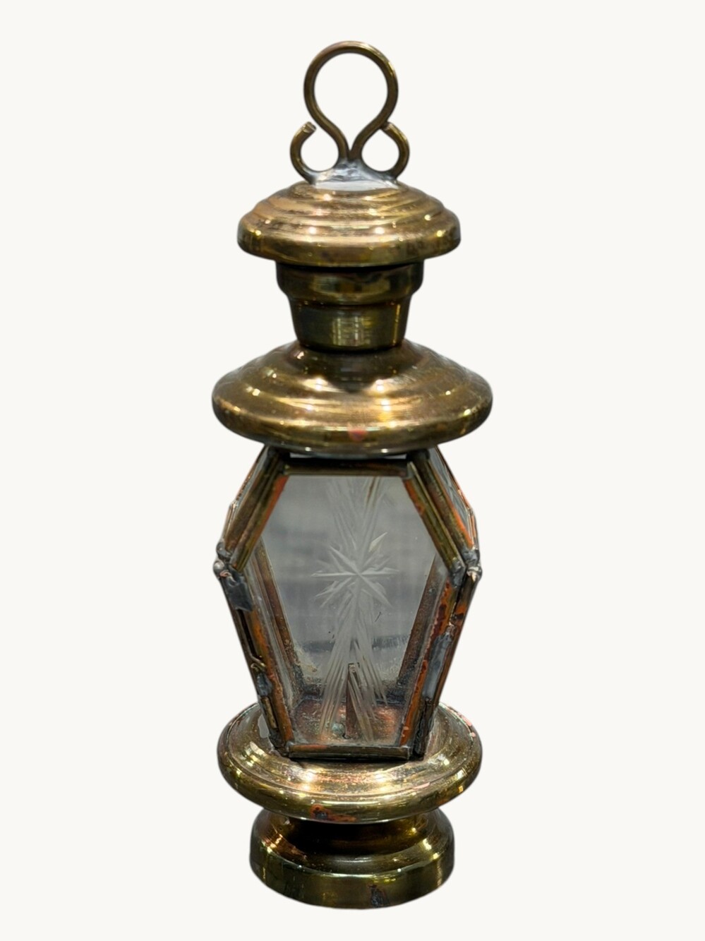 Vintage Miniature Brass Lantern Ornament Etched Glass Starburst Opening Door
